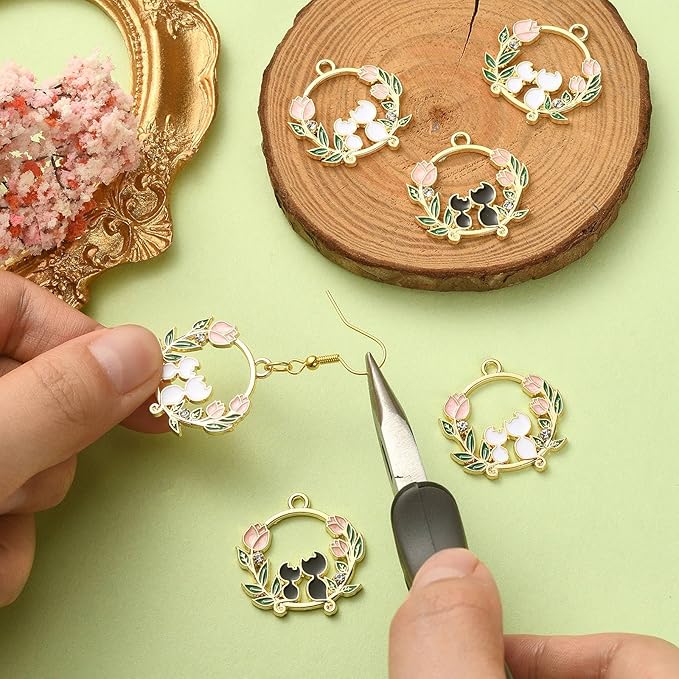 KitBeads 20pcs Cute Cat Charms Mixed Colors Flower Ring Wreath Charms Cartoon Rose Couple Kitten Charms for Jewelry Making Bracelets Bulk