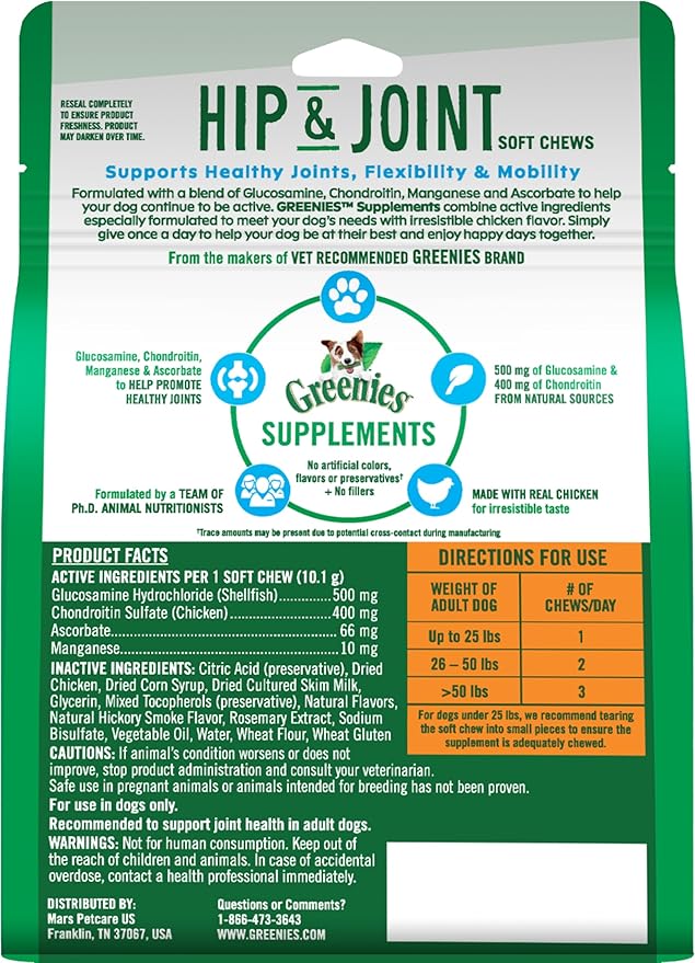 GREENIES Supplements Hip & Joint Supplements for Dogs With Glucosamine and Chondroitin, 80 Count Chicken-Flavor Soft Chews Dog Joint Supplements