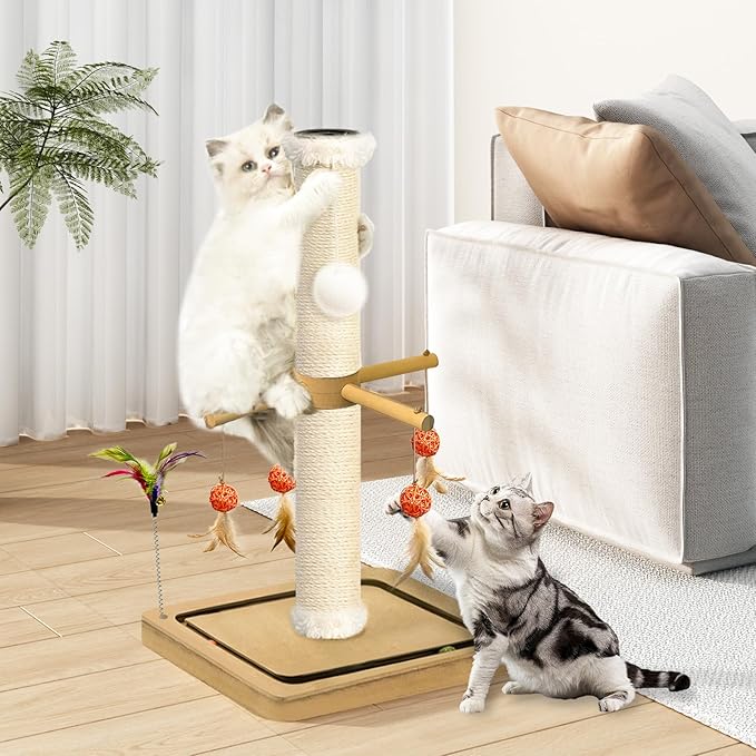 Cat Scratching Post, Sisal Scratching Posts for Indoor Cats Adults with Hanging Ball and Interactive Toys, 2 Mounting Methods Cat Scratcher for Kitten Cats, 25 inches