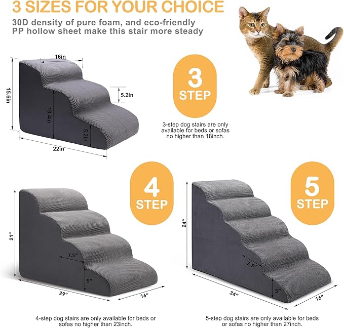 Dog Stairs for Bed, 5 Tier Dog Steps for Couch and High Bed, Non-Slip Pet Stairs, 24" High Sofa Foam Dog Stairs - Best for Small Pets, Older Dogs, Cats with Joint Pain