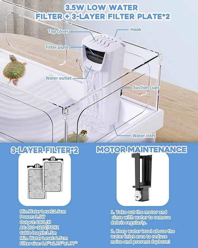 Small Turtle Tank Kit(Tank+Light+Filter), Acrylic Turtle Tank Starter Kit with Bask Platform, Bottom Drain, Multi-Function Area for Small Reptiles.(White)