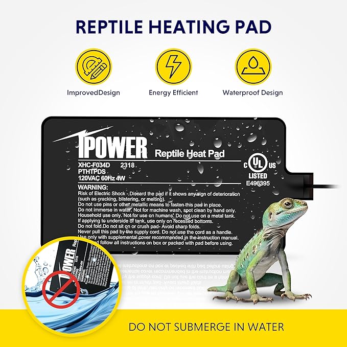 iPower Reptile Heating Pad, Under Tank Heater, Waterproof Terrarium Heat Mat 4X7 Inch, for Turtle, Lizard, Frog, Snake and Other Reptiles