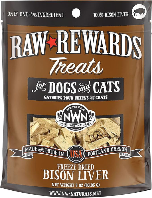 Northwest Naturals Raw Rewards Freeze-Dried Bison Liver Treats for Dogs and Cats - Bite-Sized Pieces - Healthy, 1 Ingredient, Human Grade Pet Food, All Natural - 3 Oz (Packaging May Vary)