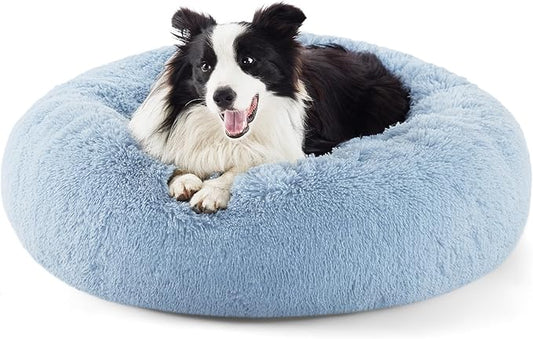 Bedsure Calming Dog Bed for Large Dogs - Donut Washable Large Pet Bed, Anti-Slip Round Fluffy Plush Faux Fur Dog Bed, Fits up to 100 lbs Pets, Blue, 36 inches