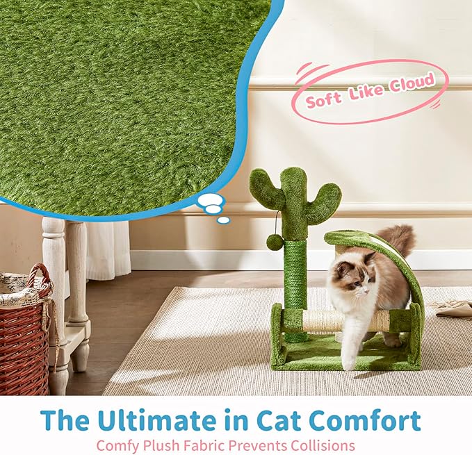 Made4Pets Cat Scratching Post, Cactus Scratcher Tree for Indoor Small Cats, Adult Kitten Scratch Pad with Natural Sisal Ropes, Cute Kitty Nail File Vertical Scratcher with Green Carpet Cover