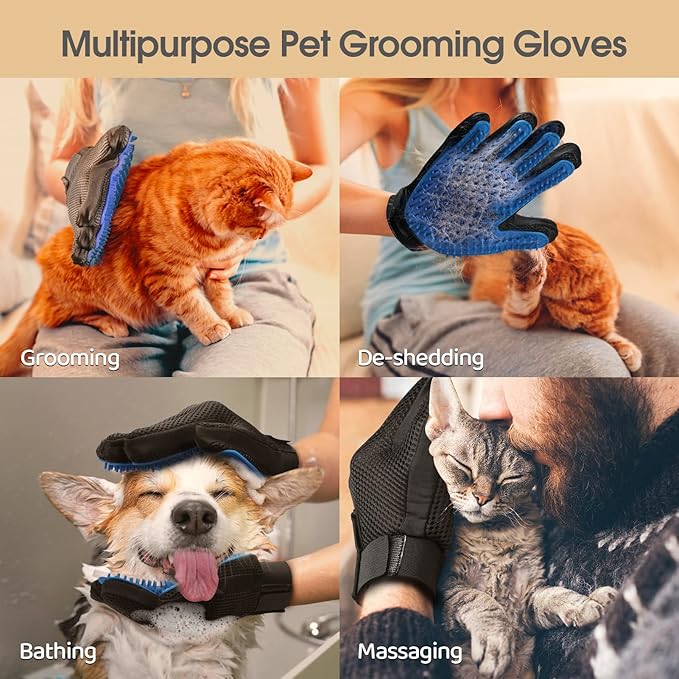 Upgrade Pet Grooming Gloves Cat Brushes for Gentle Shedding - Efficient Pets Hair Remover Mittens - Dog Washing Gloves for Long and Short Hair Dogs & Cats & Horses - 1 Pair (Blue)