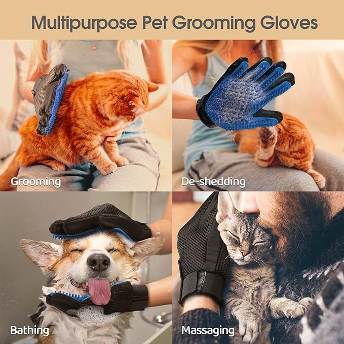 Upgrade Pet Grooming Gloves Cat Brushes for Gentle Shedding - Efficient Pets Hair Remover Mittens - Dog Washing Gloves for Long and Short Hair Dogs & Cats & Horses - 1 Pair (Blue)