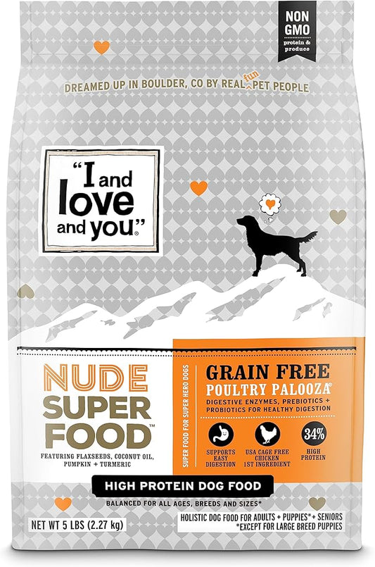 I and love and you Nude Super Food Dry Dog Food - Turkey + Chicken - Prebiotic + Probiotic, Grain Free, Real Meat, No Fillers, 5lb Bag