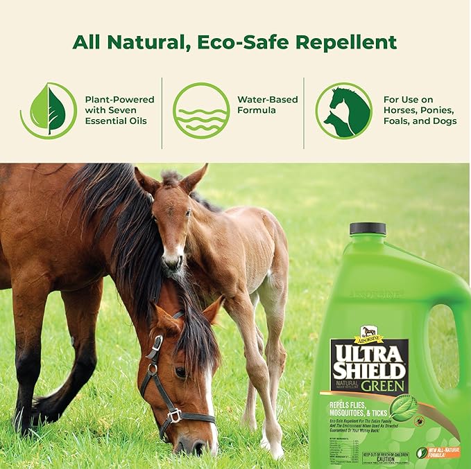 Absorbine UltraShield Green All-Natural Fly & Insect Repellent for Horses & Dogs, Essential Oils Repel & Control, 128oz Bottle, No Sprayer