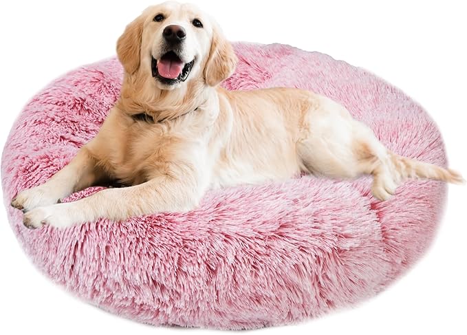 Aurako Cat Bed Dog Bed Round Cushion Pet Bed Mat Ultra Soft Plush Donut Sofa Comfortable Pillow Machine Washable Pet Cuddle Beds for Kitten Small Medium Large Dogs Cats 28" Pink