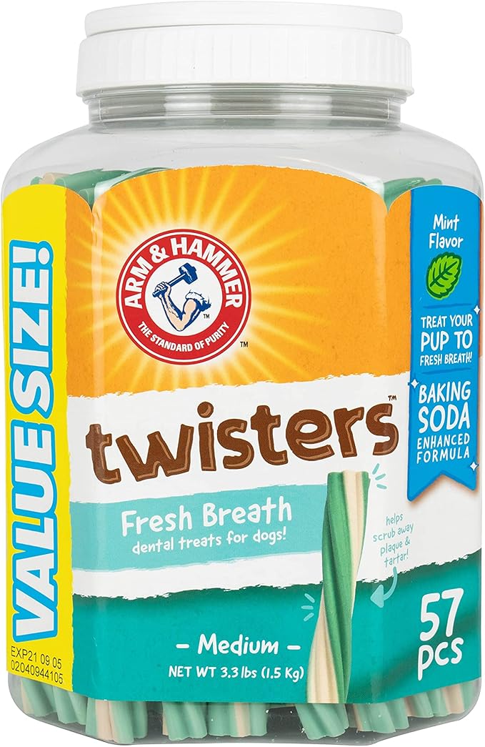 Arm & Hammer for Pets Twisters Fresh Breath Dental Treats for Dogs, Value Pack, 57 Pieces - Dental Dog Chews Fight Bad Doggie Breath, Plaque & Tartar Without Brushing (Pack of 6)