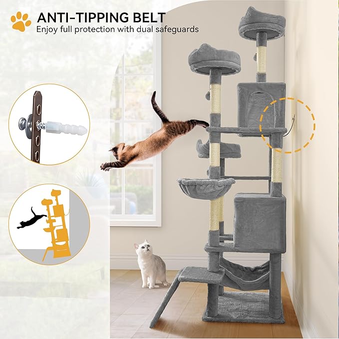 YITAHOME Cat Tree Tower for Indoor Cats, 75 inches Tall Multi-Level Cat Climbing Tower with Cat Condos, Cozy Plush Perches, Hammocks, Scratching Posts Board, Large Cat Activity Center, Light Gray