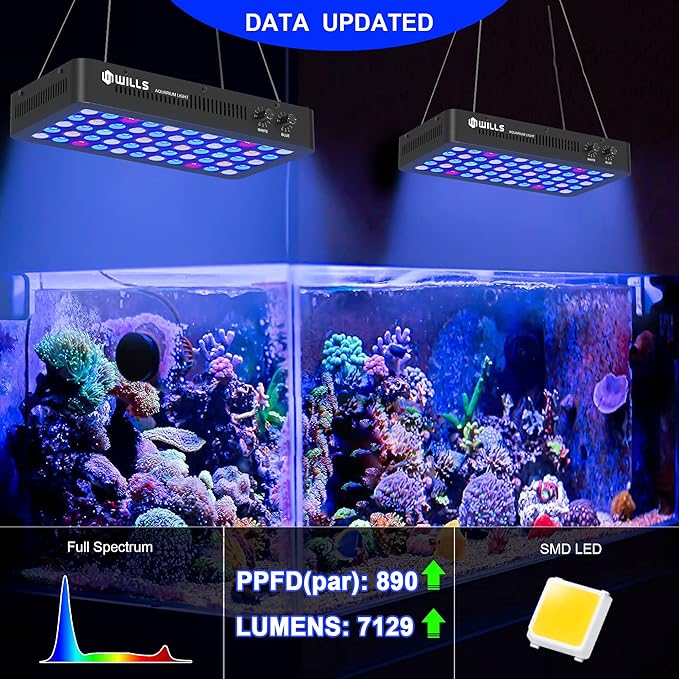 WILLS Aquarium Light, Dimmable Full Spectrum Fish Tank Light with 3 Dimming Modes & 55 Premium SMD Chips, 165W LED Aquarium Plant Light for Saltwater Freshwater Coral Reef (15.7"x8.3"x2.4")