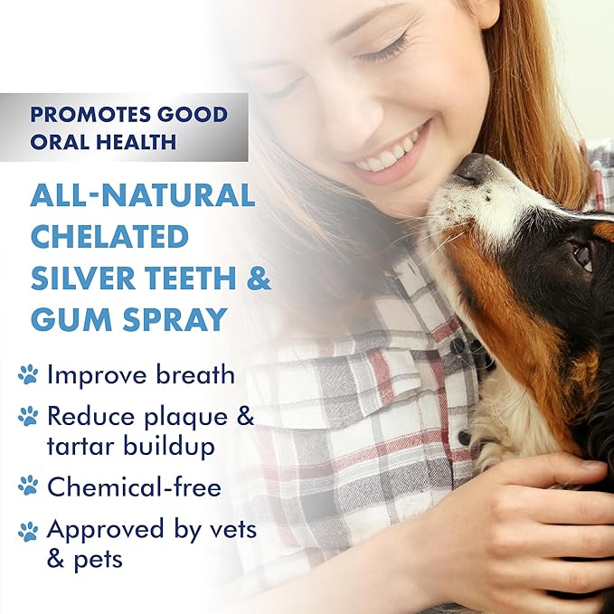 PetSilver Teeth & Gum Spray, Patented Chelated Silver, Dog Teeth Cleaning, Natural Dog Breath Freshener, Cat Teeth Cleaning Without Brushing, Dog Dental Spray, Made in The USA, 4 oz.