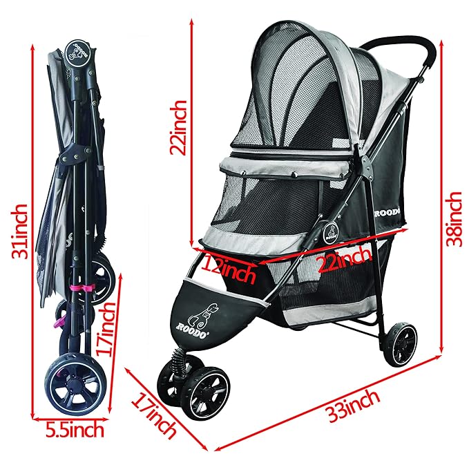 ROODO Escort 3Wheel Dog Stroller Cat Stroller Pet Stroller for Small Dogs and Cats,with Removable Liner Storage Basket and Cup Holder,Lightweight Pet Gear Foldable Jogger Travel System(Grey)