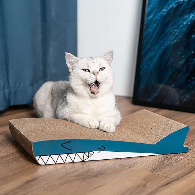 Conlun Cat Scratcher Cardboard Cat Scratch Pad with Premium Scratch Textures Design Durable Cat Scratching Pad Reversible Shark 15.7L x 9W x 2.6H