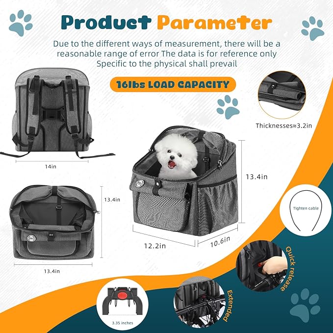 Dog Bike Basket Carrier, Dog Basket for Bike with Mesh Window, Bike Pet Carrier for Cats & Dogs, Pet Bike Front Carrier Backpack for Bike Riding