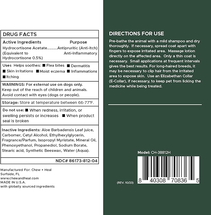 Chew + Heal Labs Hydrocortisone Lotion for Dogs - 4 oz Anti Itch Cream for Irritated Skin, Flea Bites, Itching, and More - Made in The USA