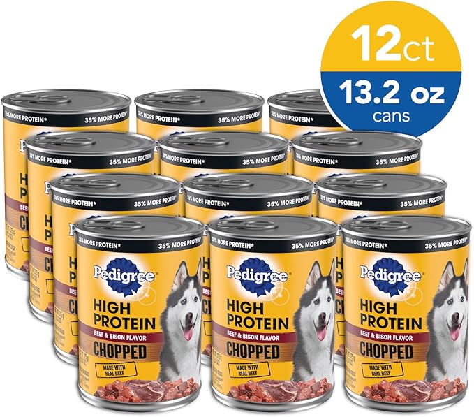 PEDIGREE High Protein Adult Canned Soft Wet Dog Food, Chopped Beef & Bison Flavor, (12) 13.2 oz. Cans