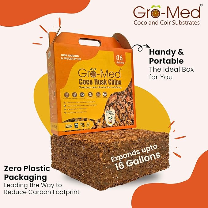 Coco Husk Chips Block 10lb Expands upto 16 Gallons Coconut Chip Substrate, Coco Coir Husk Mulch for Gardening, Indoor, Outdoor Plants Orchid Bark Alternative - OMRI Listed, Low EC Balanced pH