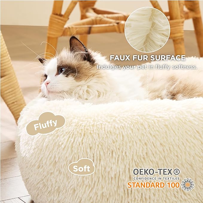 Bedsure Calming Cat Bed for Indoor Cats - Small Washable Round Cat Bed, Anti-Slip Fluffy Plush Faux Fur Pet Bed, Fits up to 15 lbs Pets, Oat Milk, 20 inches