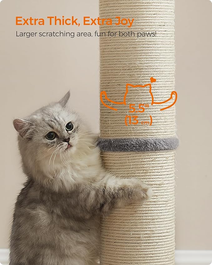 Feandrea Cat Scratching Post, 33.5-Inch Tall Cat Scratcher for Medium and Large Cats, Sisal Scratch Pole, Spring Pompom with Built-in Bell, Dove Gray UPCA041G01