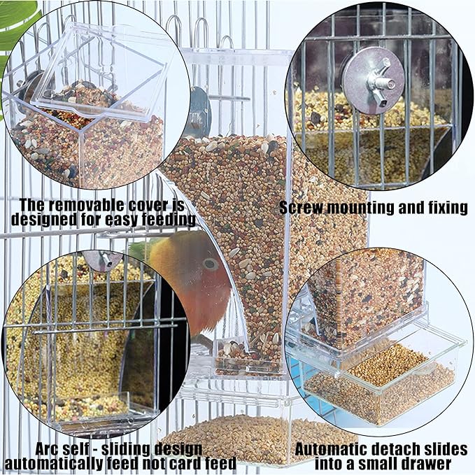 Hamiledyi No Mess Bird Cage Feeder Automatic Parrot Seed Feeders with Perch Acrylic Transparent Seed Food Container Cage Accessories for Small and Medium Parakeets Lovebirds