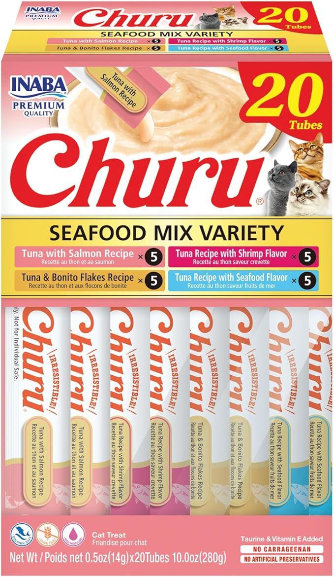 INABA Churu Cat Treats, Grain-Free, Lickable, Squeezable Creamy Purée Cat Treat/Topper with Vitamin E & Taurine, 0.5 Ounces Each Tube, 20 Tubes, Seafood Variety Box