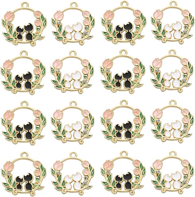 KitBeads 20pcs Cute Cat Charms Mixed Colors Flower Ring Wreath Charms Cartoon Rose Couple Kitten Charms for Jewelry Making Bracelets Bulk