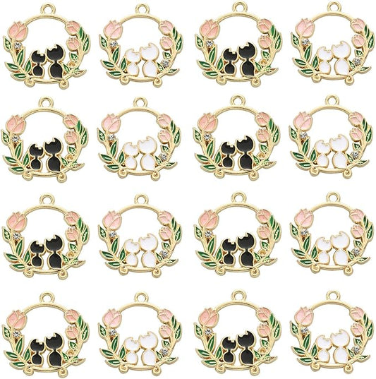 KitBeads 20pcs Cute Cat Charms Mixed Colors Flower Ring Wreath Charms Cartoon Rose Couple Kitten Charms for Jewelry Making Bracelets Bulk