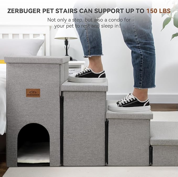 Dog Stairs, Dog Steps for High Beds 23" H, Folding Pet Stairs for Small Medium or Large Dogs Puppy with Storage for Bed and Couch, Dog Ramp for Car Hold Up to 200 lbs (Smok Grey, 4 Steps with Condo)