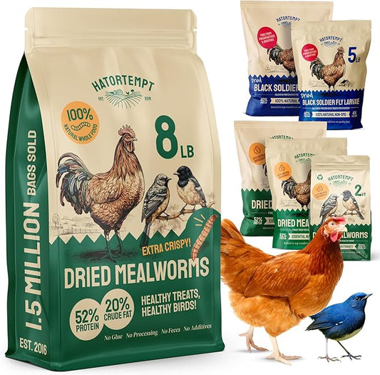 Bulk Dried Mealworms 8 lbs – Premium Organic Non-GMO Dried Mealworms for Chickens – High Protein Chicken Feed Meal Worms for Wild Birds & Chicken Treats for Laying Hens