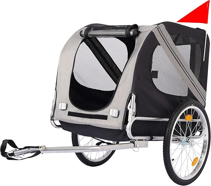 Bike Dog Trailer Folding Cart Frame with 3 Entrances Safety Flag 8 Reflectors, 20" Rear Wheels, Quick Conversion Bicycle Carrier for Medium Small Pets