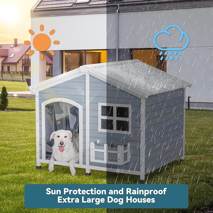 Petsfit 47" Dog House Outdoor with Waterproof PVC Roof, Extra Large Dog House for 2 Medium Dogs, Dog House Outdoor Large Breed, XXL Dog Houses with Window, Gray