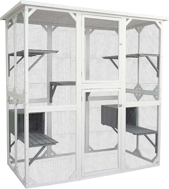 72 Inch Wooden Catio Outdoor Cat Enclosure on Wheels, Luxury Kitty-House with 8 Jumping Platforms & Weatherproof Asphalt Roof, Kitty Condo Cage Shelter Playpen with Sliding Doors