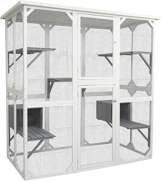 72 Inch Wooden Catio Outdoor Cat Enclosure on Wheels, Luxury Kitty-House with 8 Jumping Platforms & Weatherproof Asphalt Roof, Kitty Condo Cage Shelter Playpen with Sliding Doors