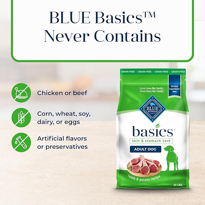 Blue Buffalo Basics Grain-Free Dry Dog Food for Adult Dogs, Limited Ingredient Diet, Lamb Recipe, 22-lb. Bag