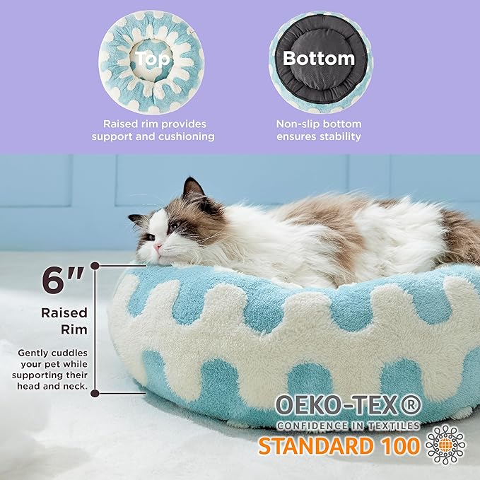 Lesure Donut Small Dog Bed - Round Cat Beds for Indoor Cats Anti-Anxiety Calming Pet Beds, Washable Cute Modern Beds with Teddy Sherpa Plush & Anti Slip Bottom Light Blue