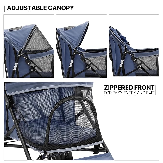 MoNiBloom 4 Wheels Pet Stroller, Easy-Fold Puppy Cage Jogger Stroller with Sun Cover, Pad and Rear Storage Bag, Breathable and Visible Mesh for Small/Medium Pets up to 22 lbs, Navy Blue