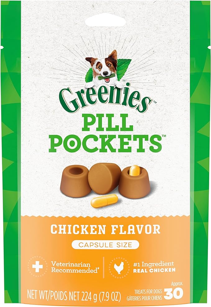 Greenies Pill Pockets for Dogs Capsule Size Natural Soft Dog Treats, Chicken Flavor, 7.9 oz. Pack (30 Treats)