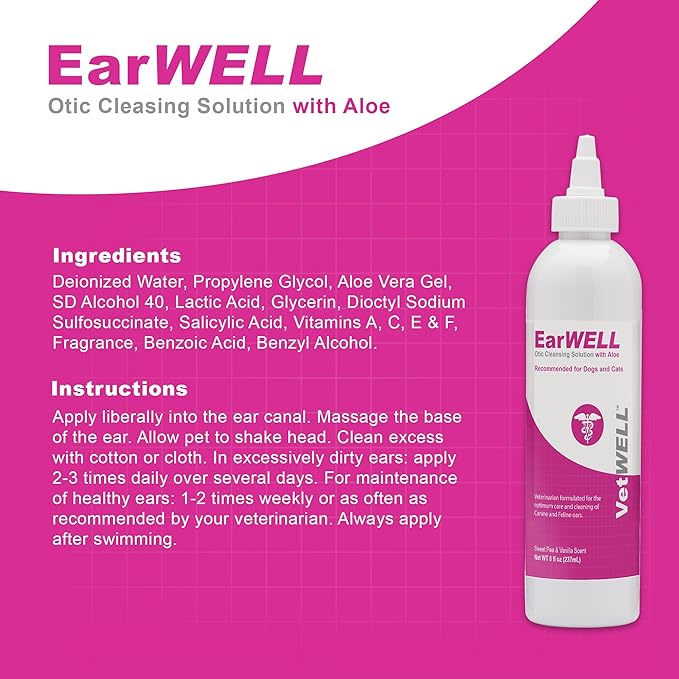 VetWELL Ear Cleaner for Dogs and Cats - Otic Rinse for Infections and Controlling Ear Infections and Odor in Pets - 8 oz (Sweet Pea Vanilla)