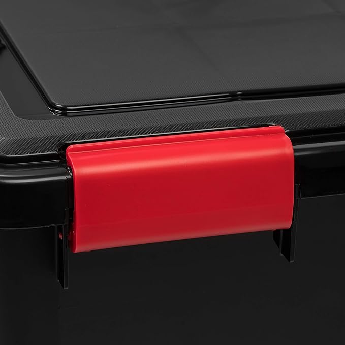 IRIS USA 74 Qt Storage Box with Gasket Seal Lid, 3 Pack - BPA-Free, Made in USA - Heavy Duty Moving Containers with Tight Latch, Weather Proof Tote Bin, WEATHERPRO - Black/Red