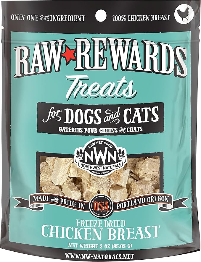 Northwest Naturals Raw Rewards Freeze-Dried Chicken Breast Treats for Dogs and Cats - Bite-Sized Pieces - Healthy, 1 Ingredient, Human Grade Pet Food, All Natural - 3 Oz (Packaging May Vary)