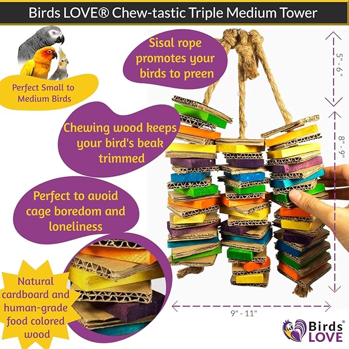 Birds LOVE Chew-Tastic Triple Tower of Shredded Fun Medium Bird Toy for African Grey Conures Sun Conures Caiques Senegals Small Cockatoos Quakers and Similar Small to Medium Sized Birds