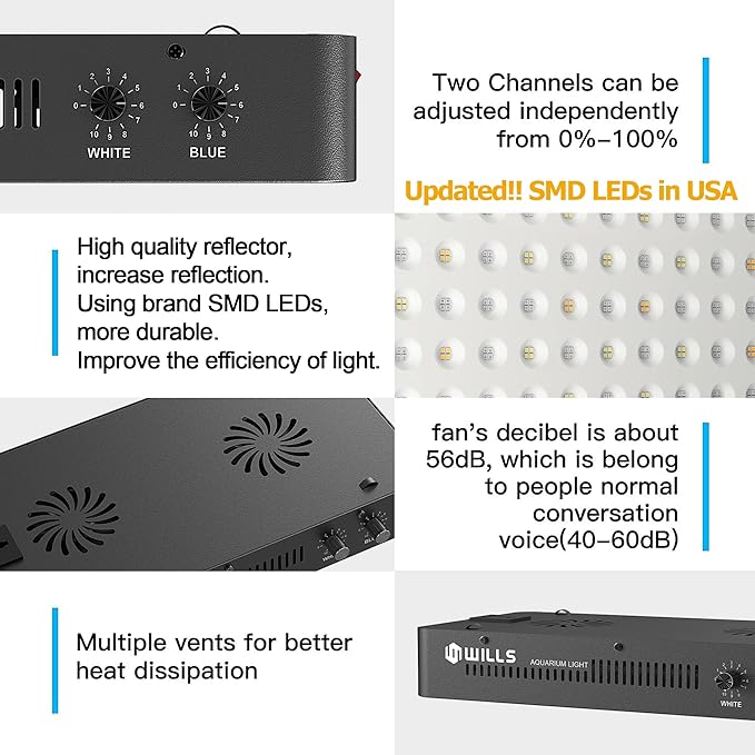 WILLS Aquarium Light, Dimmable Full Spectrum Fish Tank Light with 3 Dimming Modes & 55 Premium SMD Chips, 165W LED Aquarium Plant Light for Saltwater Freshwater Coral Reef (15.7"x8.3"x2.4")