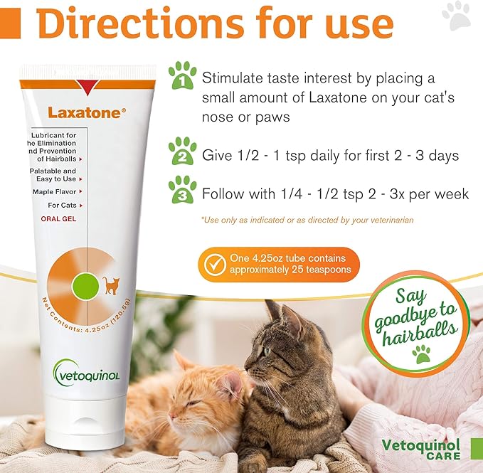 Vetoquinol Laxatone: Oral Hairball Lubricant Gel for Cats – Maple-Flavored, 4.25oz – Lubricant for Helping with Hairball Prevention & Elimination – Natural Furball Digestive Relief Support