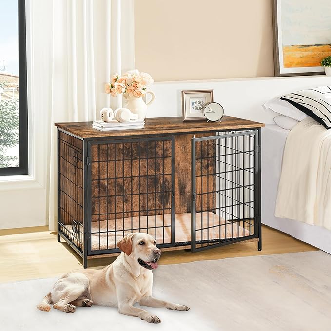 Dog Crate Furniture with Cushion, Wooden Dog Kennel with Double Doors, Heavy Duty Dog Cage for Small/Medium/Large Dogs, Indoor Dog House End Table, 39.4" L, Rustic Brown DCHR10701