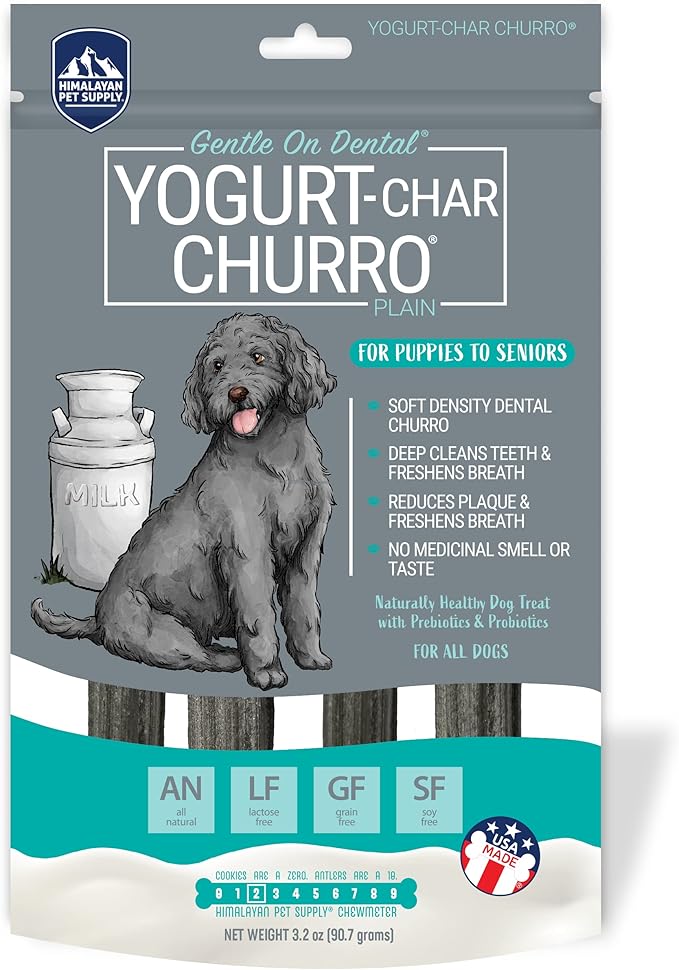 Himalayan Dog Chew Yogurt Char-Churro Charcoal Dental Chews - Dog Teeth Cleaning, Dental Treats for Dogs, Dog Training, 100% Natural, Probiotics, Removes Plaque, Lactose, Grain, Corn, Soy, Gluten-Free