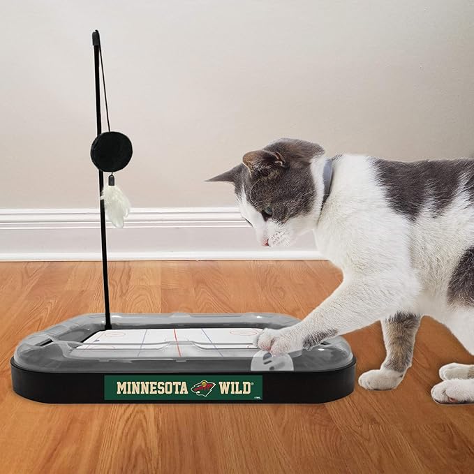 Pets First Cat Scratching Toy NHL MINNESOTA WILD Hockey Field Cat Scratcher Toy with Interactive Cat Ball Bell in Tracks. 5-in-1 CAT TOY: Cat Wand Poll with CATNIP FILLED Plush Hockey Puck & Feathers.