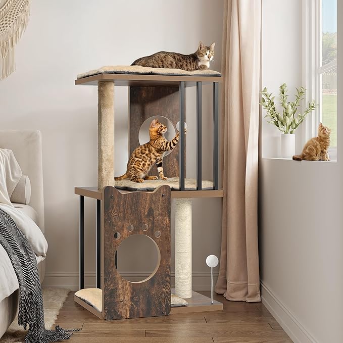 YITAHOME 43.1in 3-Level Modern Cat Tree for Large Indoor Cats, Wooden Cat Tower with Scratching Posts, Detachable Cushions, Spring Ball, Pom-pom, Rustic Brown